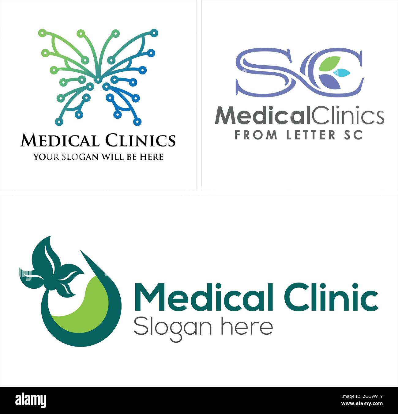 Medizinische Klinik mit Schmetterling und Buchstabe SC Blatt Symbol Vektor-Logo Stock Vektor