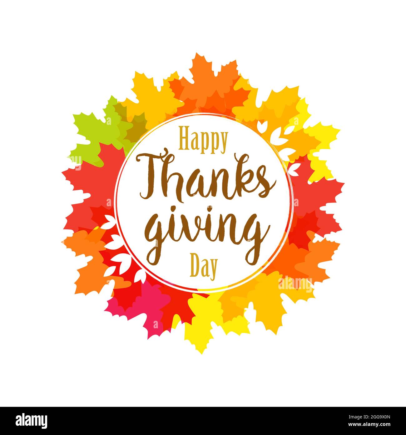 Alles gute zum Thanksgiving Day Feiertagskranz. Hallo Herbst kreative Gratzen mit Blättern. Helle Türdekoration in rot, orange, gelb. Dekorative sy Stock Vektor