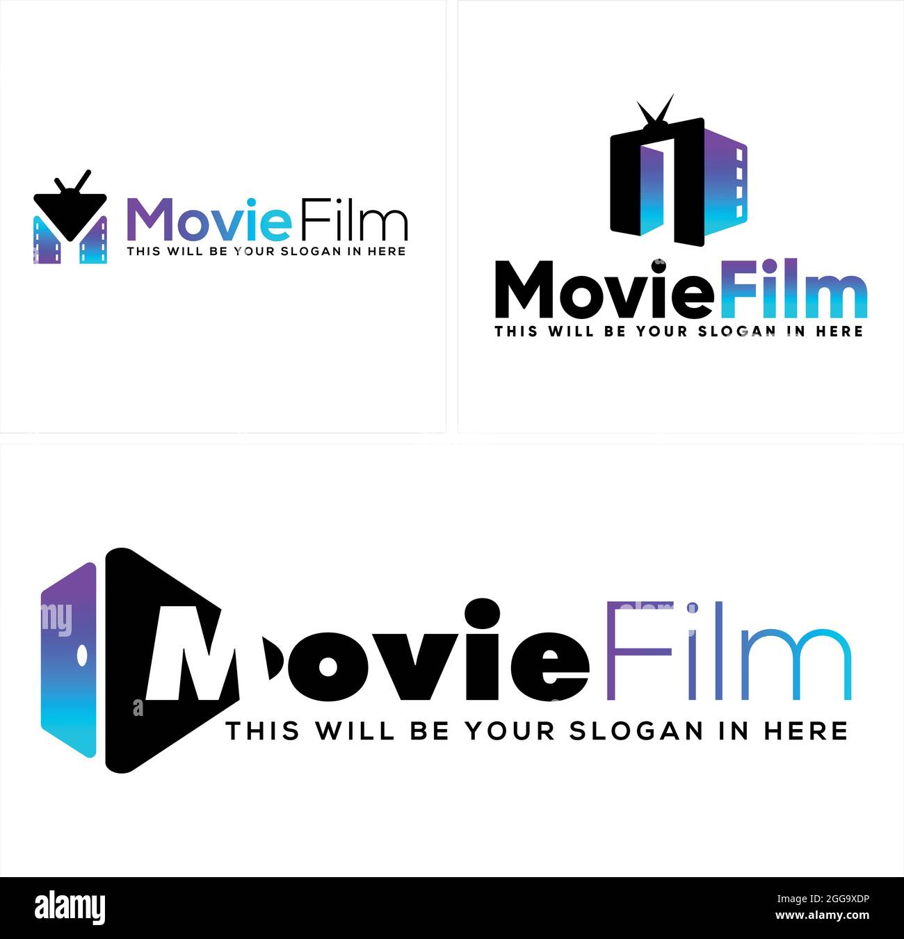 Entertainment Arts Film-Logo mit Icon-Filmstreifen und Triangle Play-Taste Stock Vektor