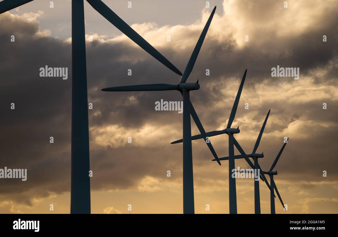 Energiegenerater von Windenergieanlagen im Windpark Stockfoto