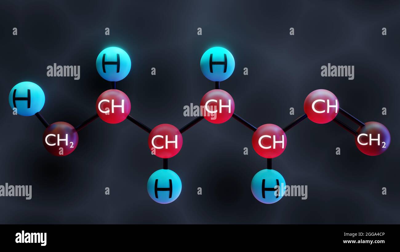 3d-Rendering von Glukose (Dextrose, D-Glukose)-Molekülen. Lineare Form. Strukturelle chemische Formel und Molekül-Modell.3D-Illustration Stockfoto