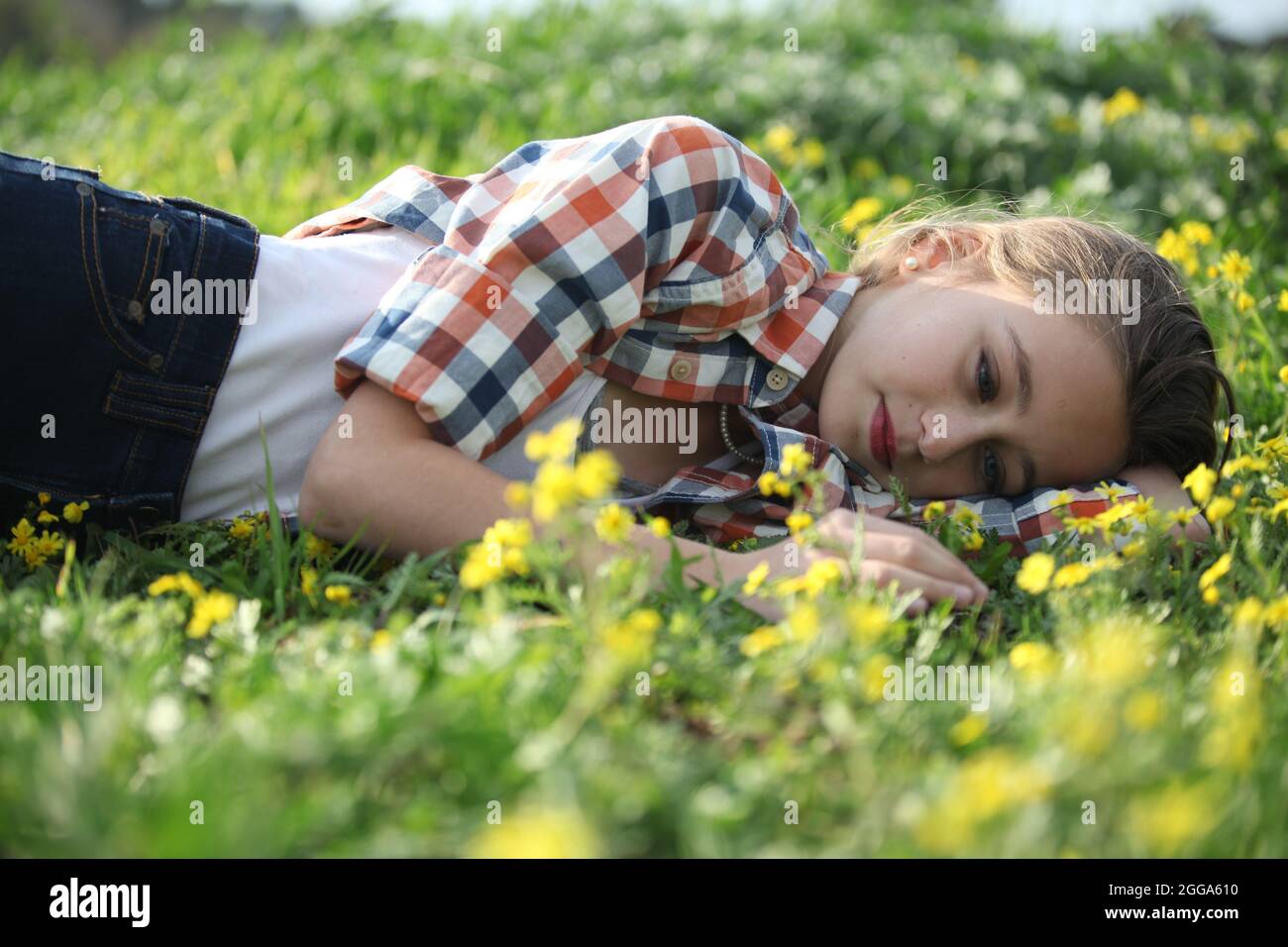 Das Mädchen von 12 Jahren liegt in einem Wildblumenfeld Stockfoto