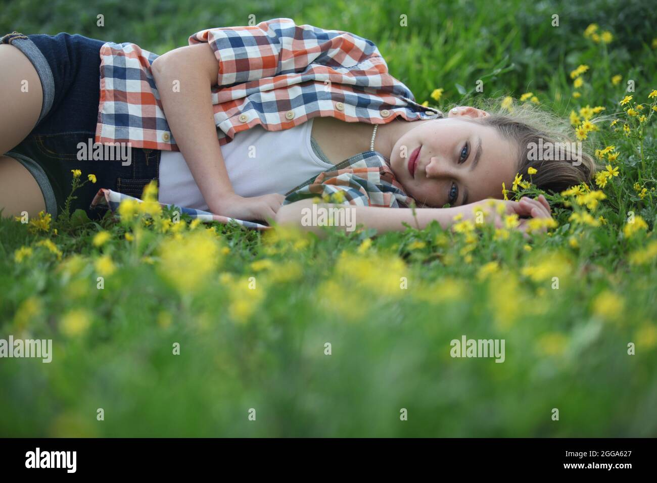 Das Mädchen von 12 Jahren liegt in einem Wildblumenfeld Stockfoto