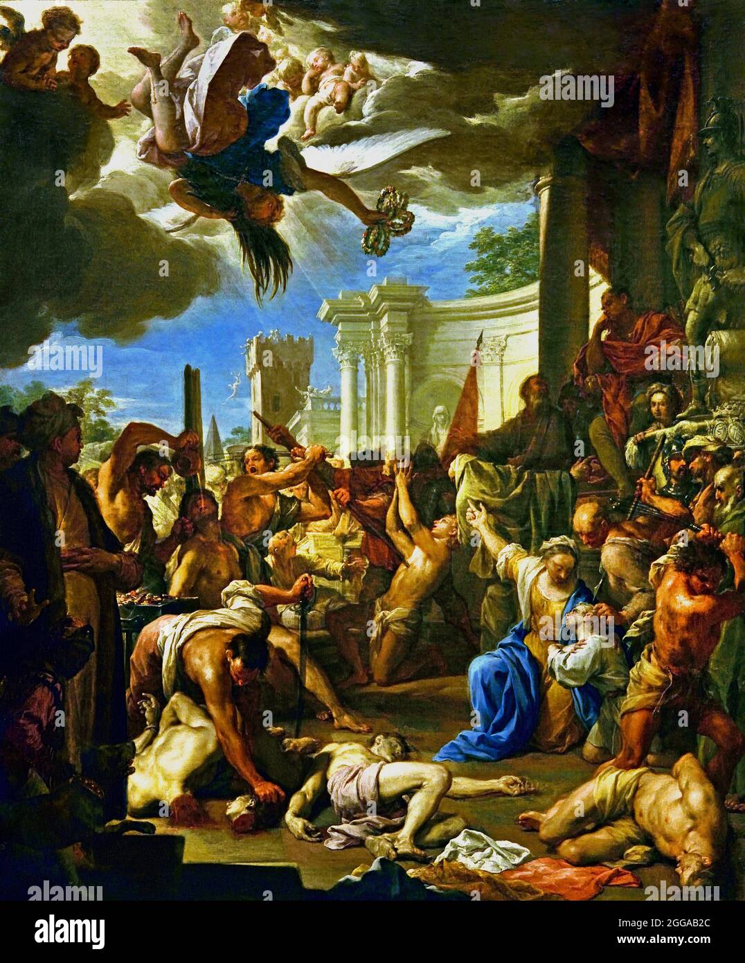 Das Martyrium der sieben Brüder, Söhne der heiligen Felicitas, 1709 von Francesco Trevisani, 1656-1746 Italien, Italienisch (die christliche Märtyrerin Felicitas – hier in gelben Gewändern – musste das Martyrium ihrer sieben Söhne bezeugen, bevor sie selbst enthauptet wurde) . Stockfoto