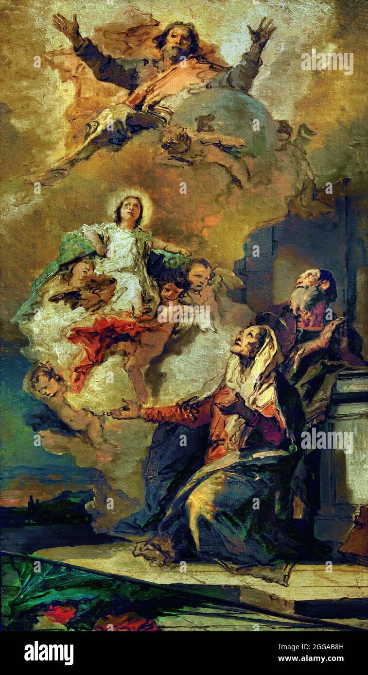 Gottvater sendet die Jungfrau Maria an ihre Eltern Joachim und Anna 1757-1759 Giovanni Battista Tiepolo 1696-1770 Italien, Italienisch. (Die Lehre, dass die Jungfrau Maria ohne Erbsünde empfangen wurde) Stockfoto