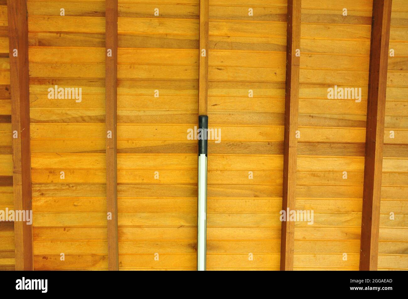 Holz. Holzdecke mit LED-Licht, Balken und Sparren in Symmetrie, in Naturholzfarbe, Brasilien, Südamerika, Zoom Stockfoto