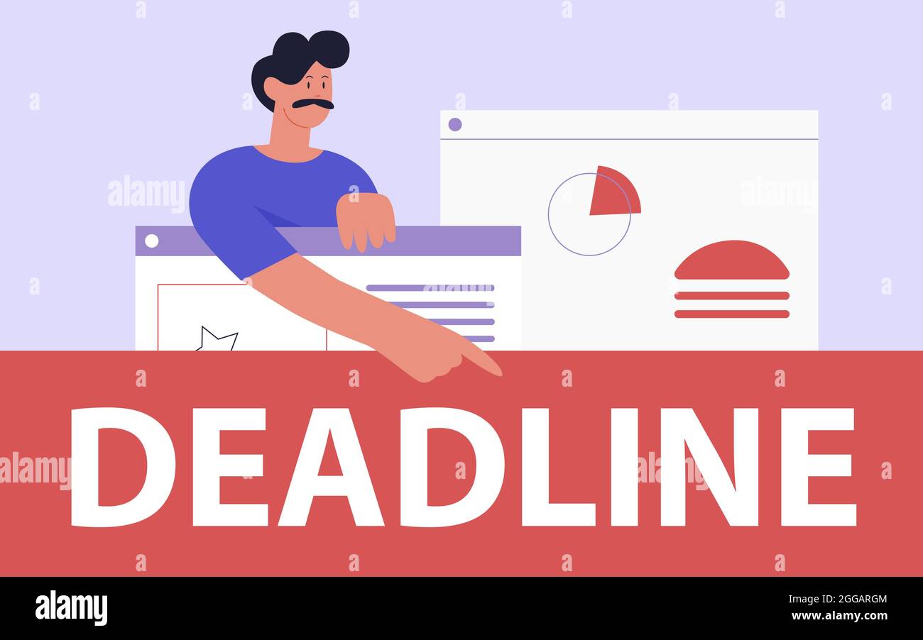 Terminkonzept, Zeitmanagement-Steuerungsvektor-Illustration. Cartoon Geschäftsmann Figur zeigt mit dem Finger auf Deadline Schriftzug, Manager hält große Programmfenster mit Grafiken und Diagramme Stock Vektor