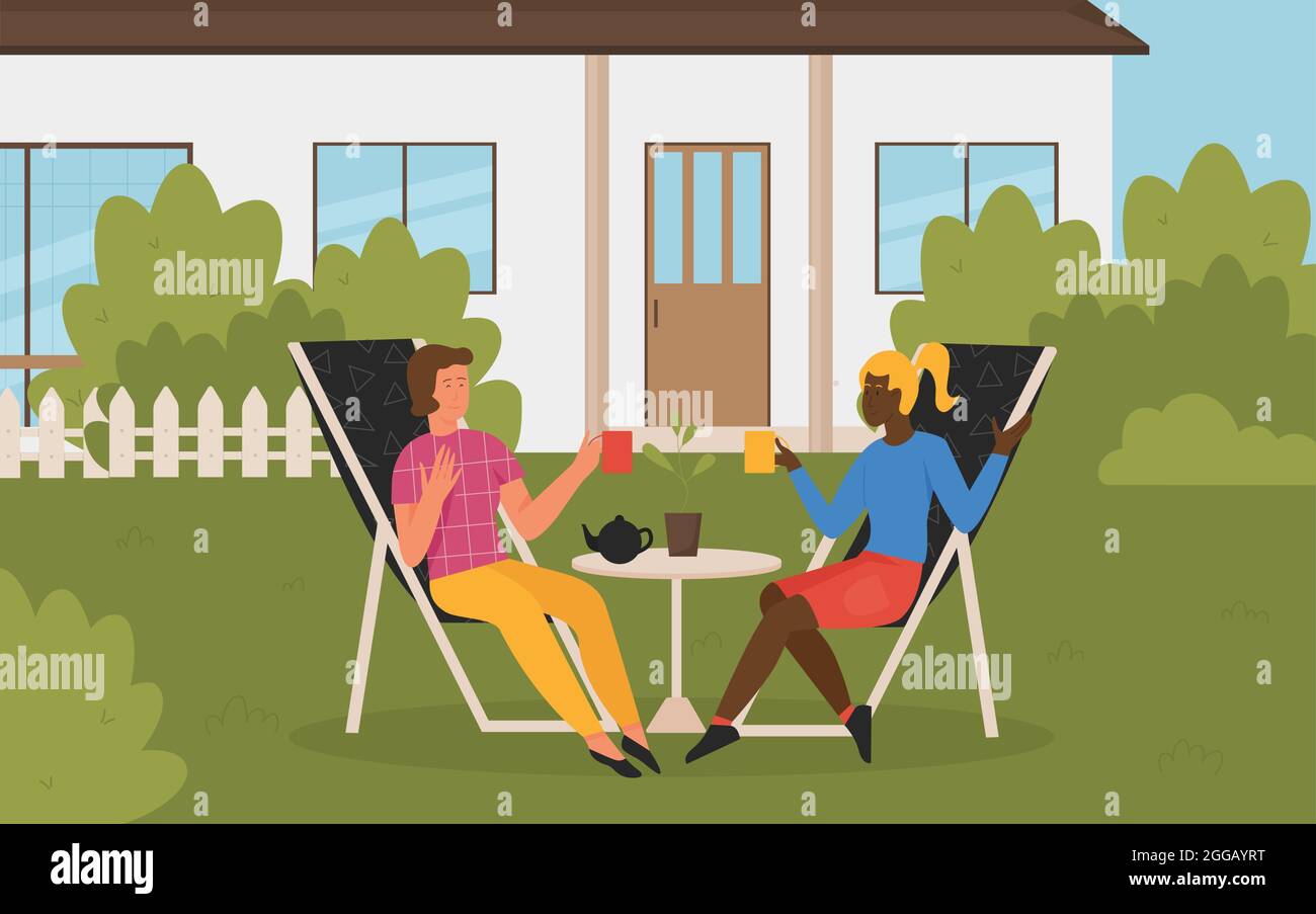 Menschen Freunde Nachbarn entspannen auf Sommer Picknick Vektor  Illustration. Cartoon Frau Figuren sitzen auf Liegestühlen im Hinterhof,  trinken Tee während Wochenend-Urlaub, Freizeit-Aktivität Hintergrund  Stock-Vektorgrafik - Alamy