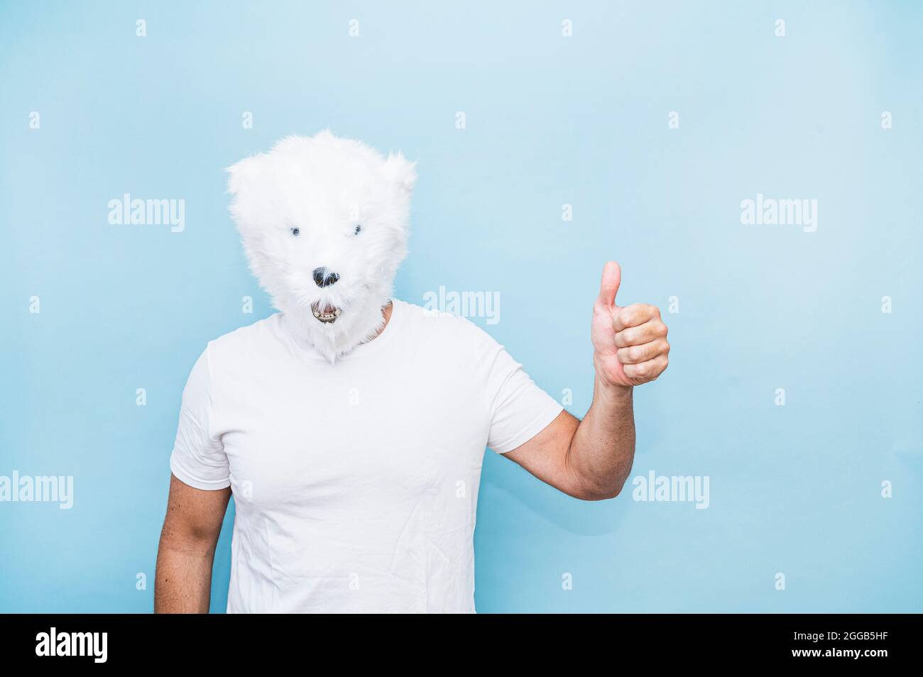 Mann mit Eisbärenmaske, der Finger nach oben macht. Stockfoto