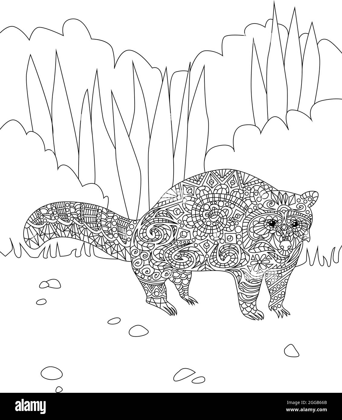 Große Liebenswert Raccoon Linie Zeichnung Warten Für Lange Zeit Auf Diese Eigene Im Wald. Wild Life Line Drawing eine Weile allein in Wildwoods. Stock Vektor