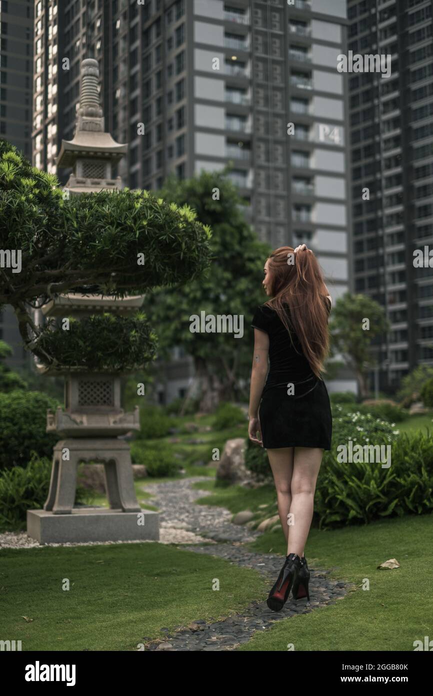 Schöne junge asiatische Frau in schwarzem Minikleid zu Fuß im Park. Langes Haar. Schöne Haltung. Rückansicht. Bild von hinten. Stockfoto