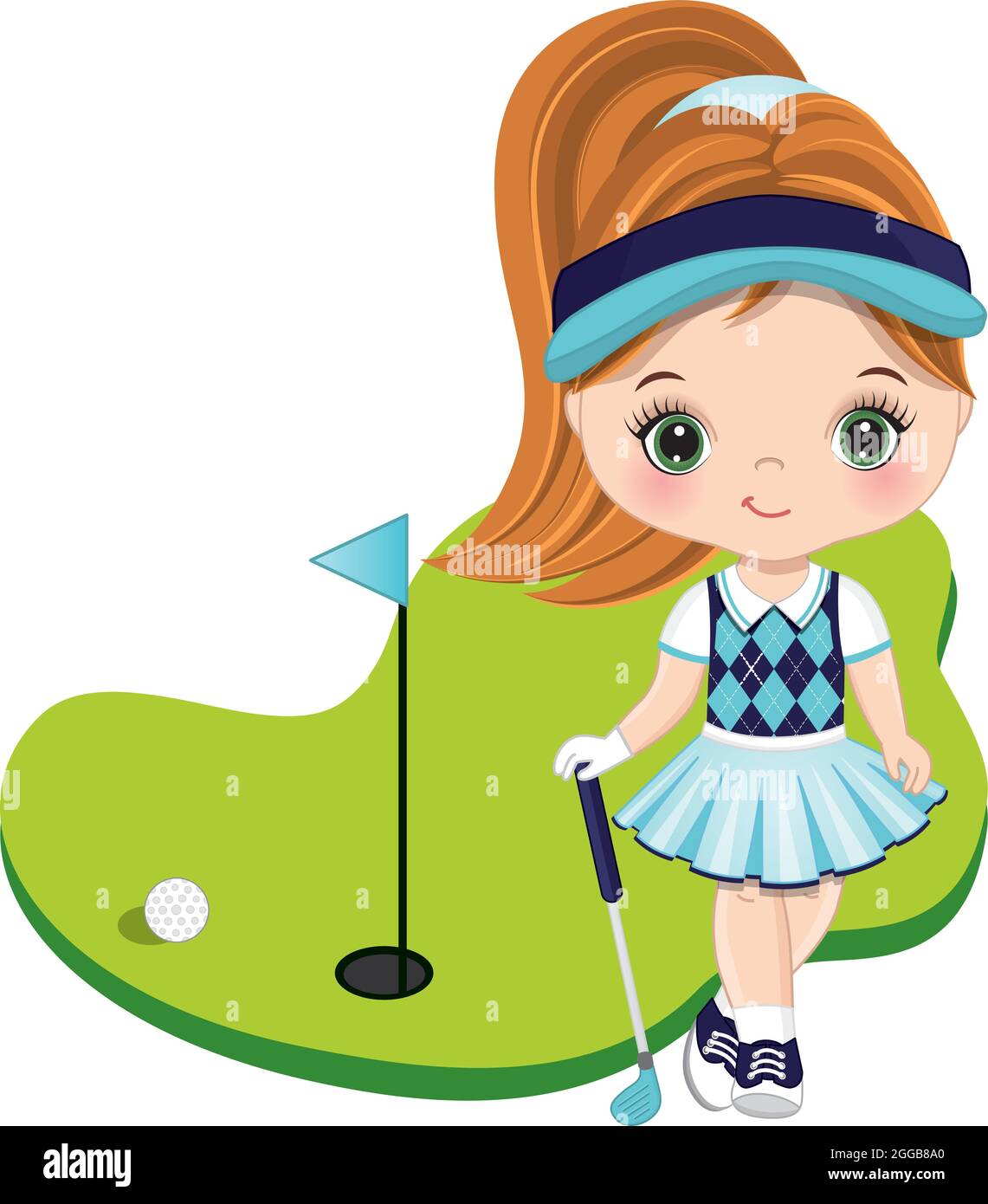 Nettes Kleines Rothaariges Mädchen, Das Golf Spielt. Vector Little Golfer Stock Vektor