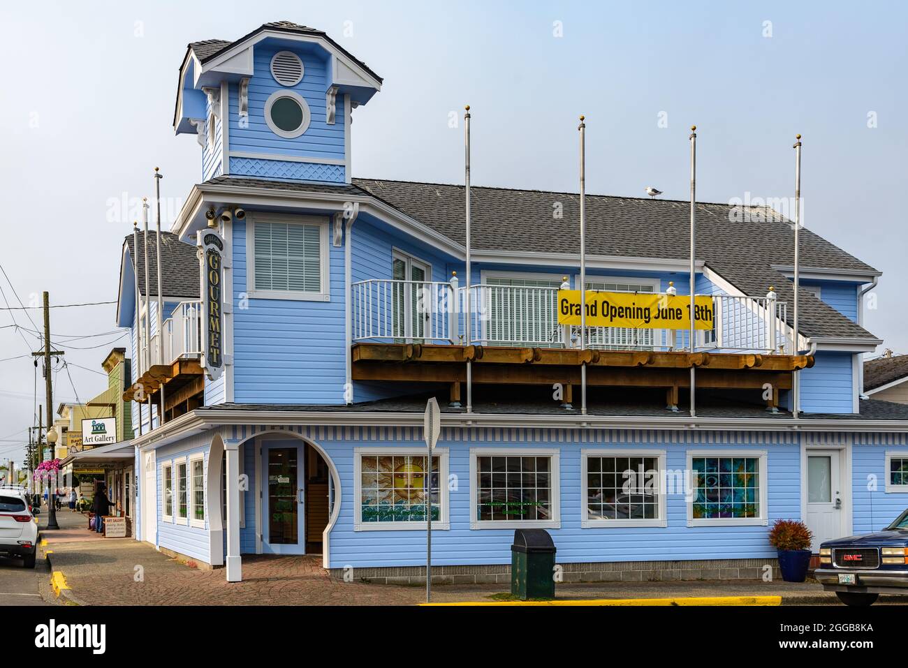 Historische Gebäude in einer kleinen Stadt an der Pazifikküste. Florenz, Oregon, USA. Stockfoto