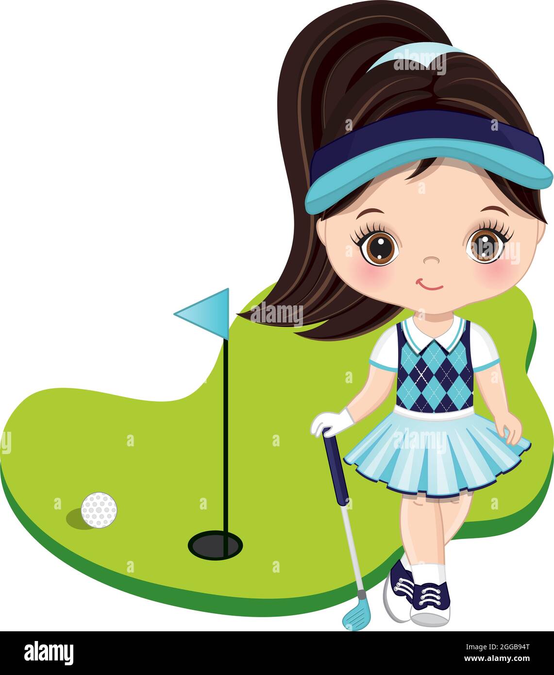 Niedliches Kleines Mädchen Mit Dunklen Haaren, Das Golf Spielt. Vector Little Golfer Stock Vektor