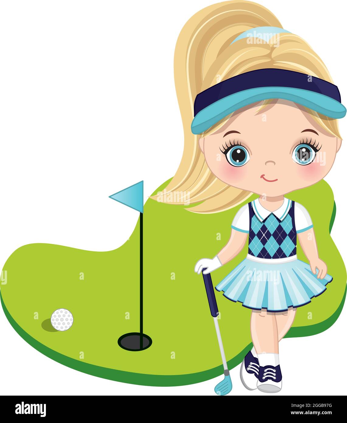 Niedliches Kleines Blondes Mädchen, Das Golf Spielt. Vector Little Golfer Stock Vektor