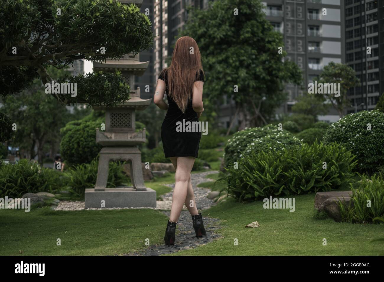 Schöne junge asiatische Frau in schwarzem Minikleid zu Fuß im Park. Langes Haar. Schöne Haltung. Rückansicht. Bild von hinten. Stockfoto