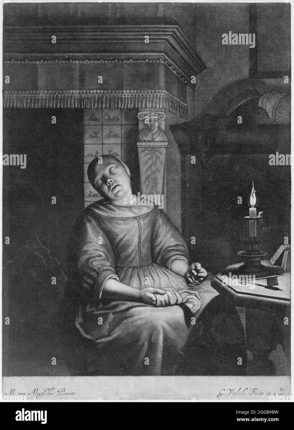 Sleeping Girl with Needlework in her Lap, Ende 17.-Anfang 18. Jahrhundert. Stockfoto