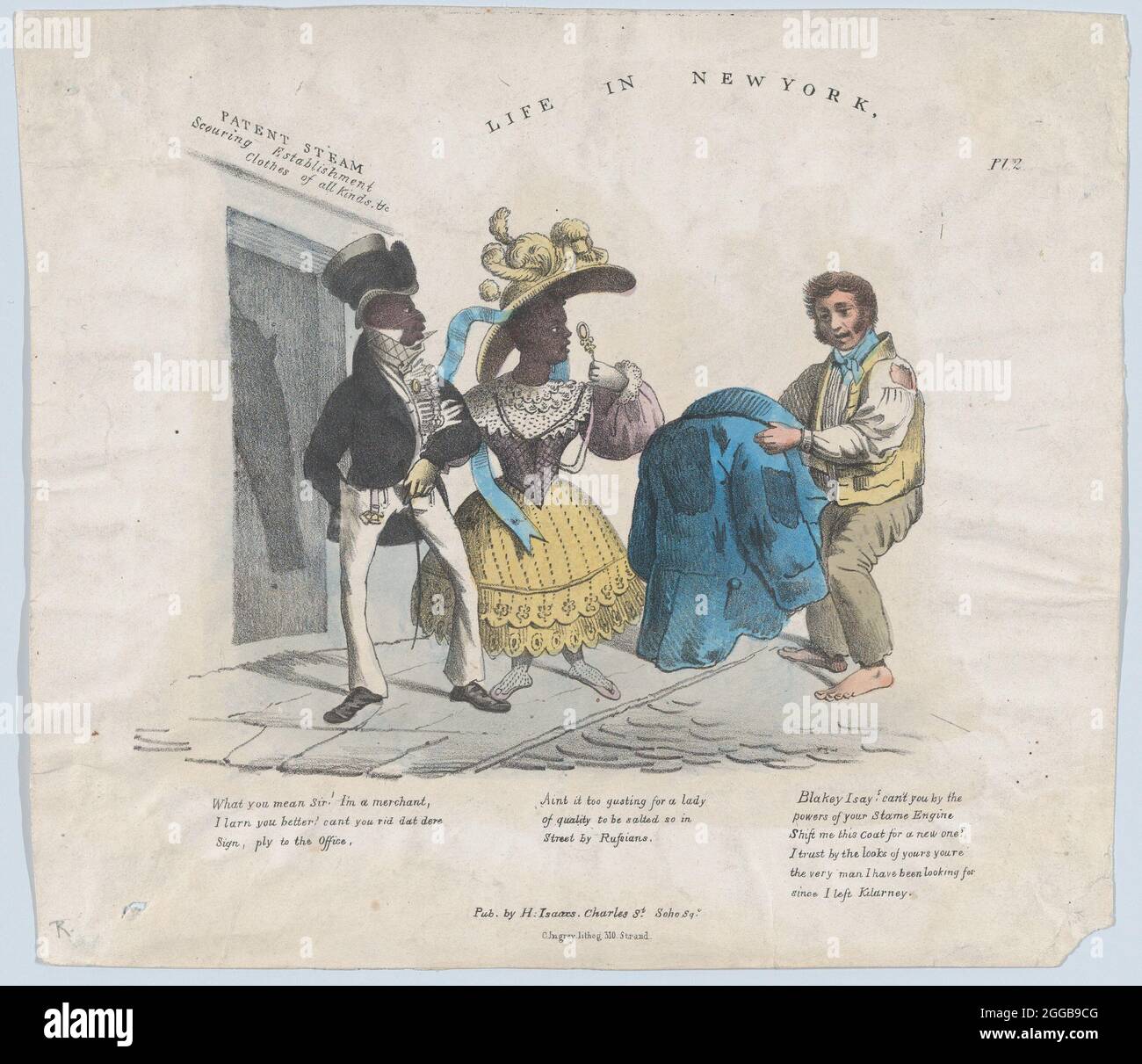 Leben in New York, 1824-39. Ein armer irischer Einwanderer bittet ein paar gut gekleidete Afroamerikaner, seinen alten Mantel gegen einen neuen zu tauschen. Stockfoto