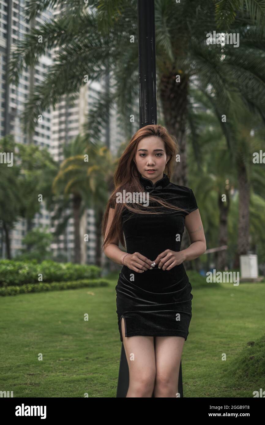 Porträt einer schönen jungen asiatischen Frau in lässigem schwarzen Kleid, die im Park steht. Langes Haar. Schöne Haltung. Reizende Vietnamesin. Stockfoto