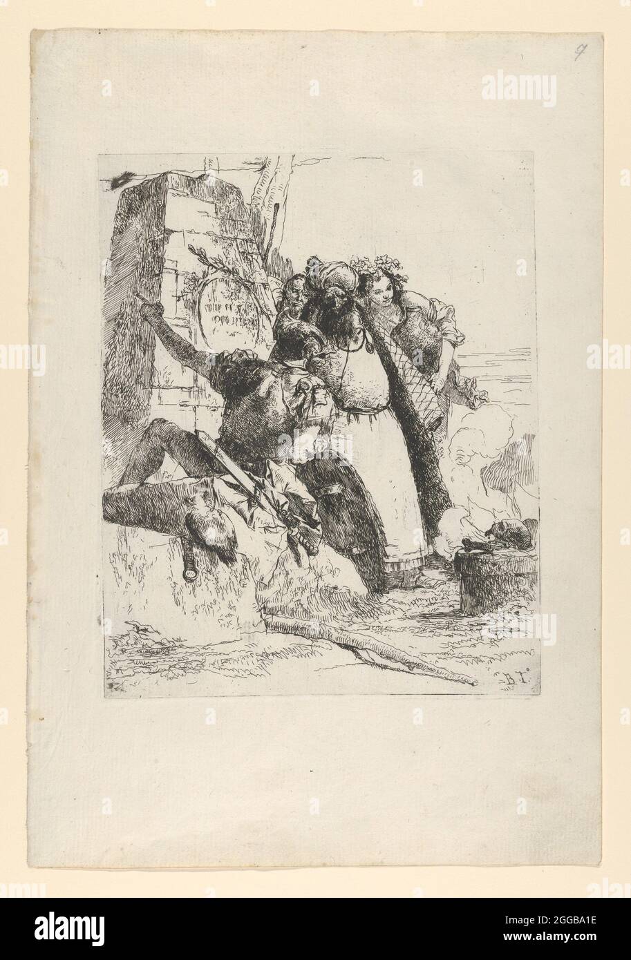 Ein Zauberer, ein Soldat und drei Figuren, die einen brennenden Schädel aus der Scherzi di Fantasia beobachten, ca. 1743-50. Stockfoto