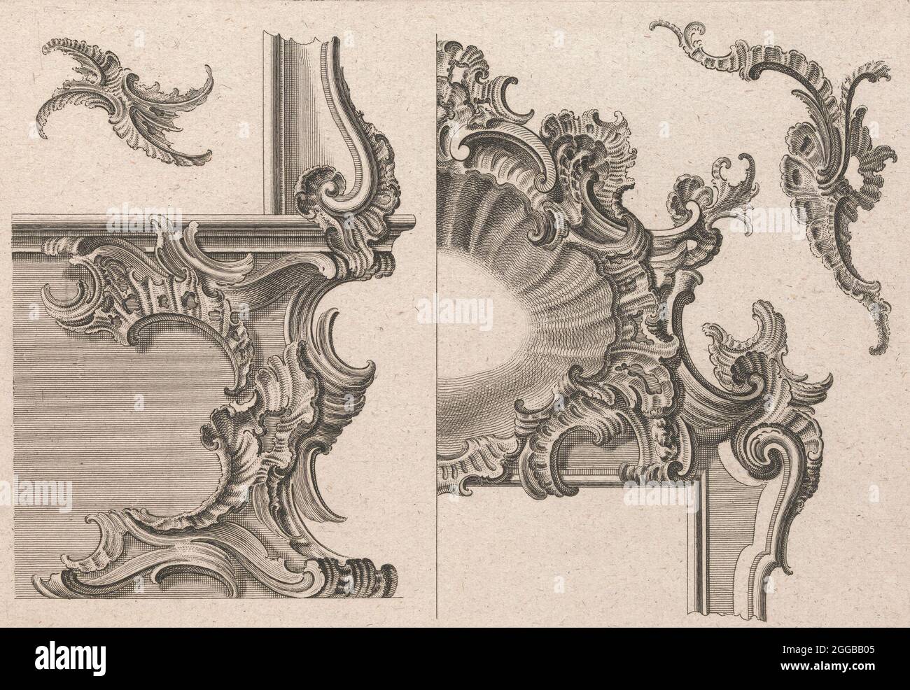 Vorschlag für die Dekoration von unten rechts und oben rechts eines Frames, Platte 3 aus einer Serie ohne Titel mit Rocailles-Ornamenten für Fenster-, Pier-Glas- und Türrahmen, gedruckt ca. 1750-56. Stockfoto