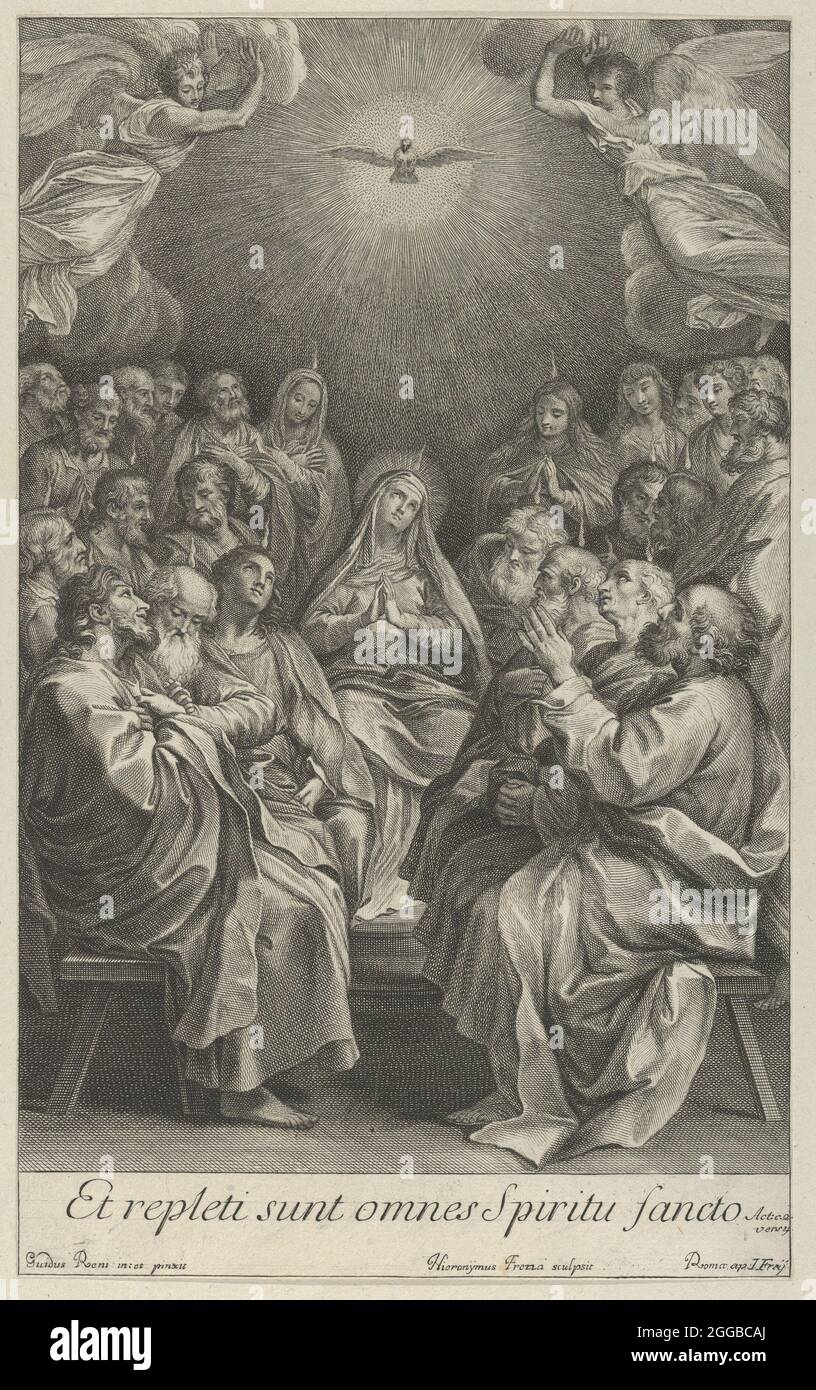 Die Jungfrau mit Aposteln, die auf die Heilige Taube schauen, und zwei Engeln nach Reni, 1700-50. Et repleti sunt omnes Spirutu sancto - und sie waren alle mit dem heiligen Geist erfüllt. Stockfoto