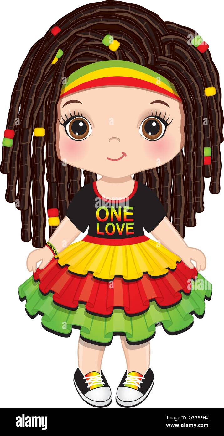 Niedliches kleines Reggae-Mädchen mit Dreadlocks im Rastafarian-Kleid. Vector Reggae Girl Stock Vektor