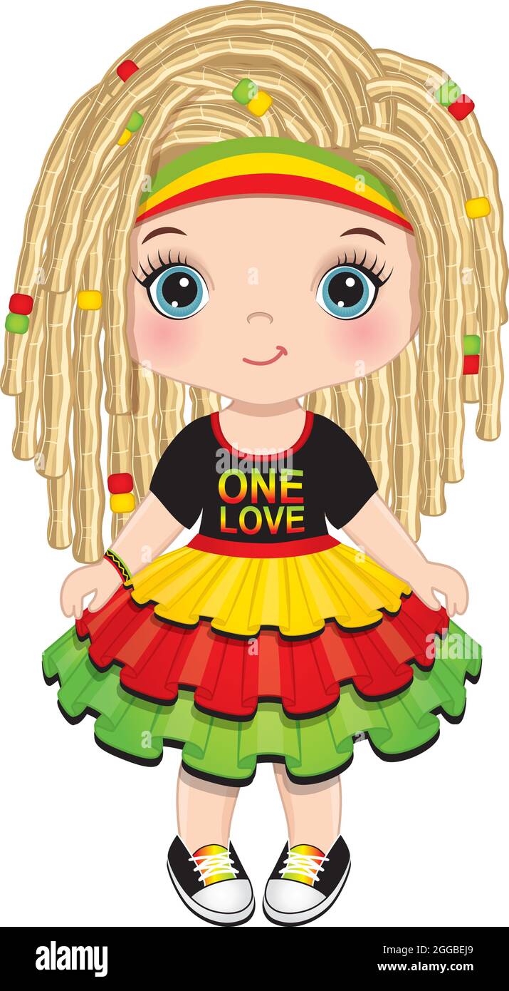 Niedliches kleines Reggae-Mädchen mit Dreadlocks im Rastafarian-Kleid. Vector Reggae Girl Stock Vektor