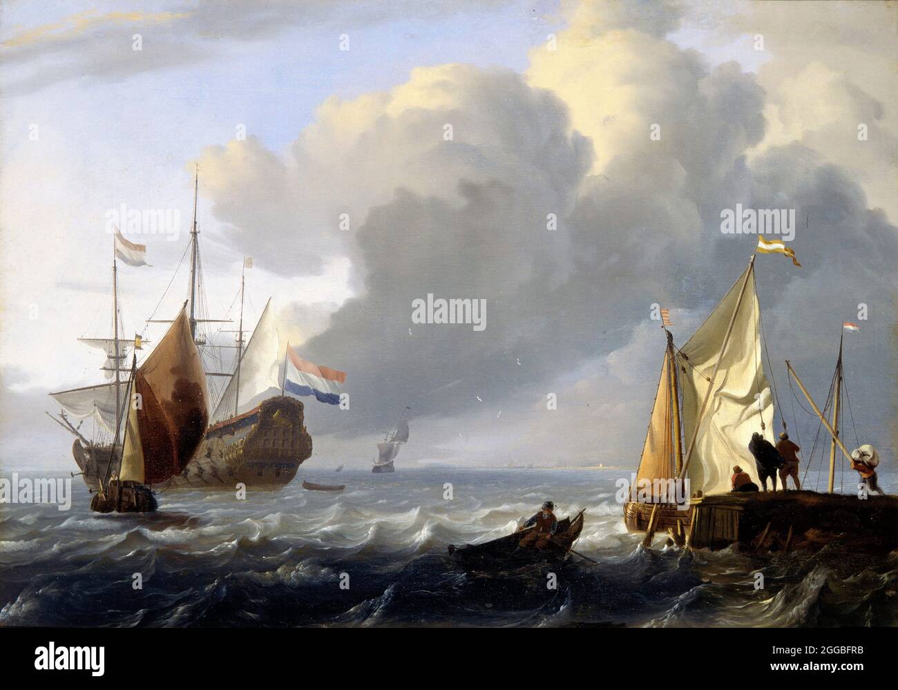 Ludolf Backhuysen ( Ludolf Bakhuizen : 1631-1708) 'Seascape (Dutch Frigate Towing a Skiff)', Öl auf Eiche, 1680/90 Stockfoto