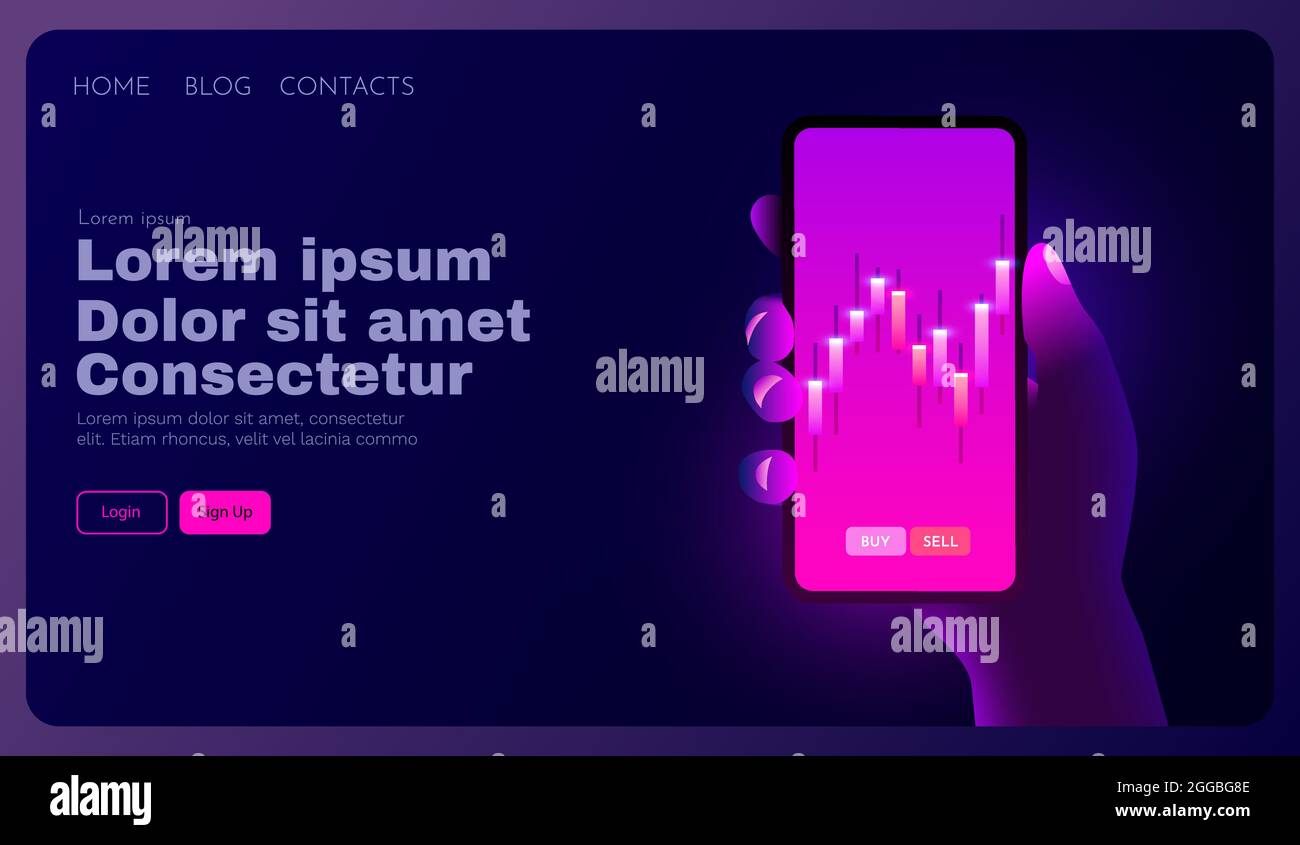 Konzept der Finanzanalyse. Candlestick Chart Trading. Vorlage für Geschäftsanwendungen. Die Hand hält ein Smartphone. Vorlage für Landing-Page. Stock Vektor