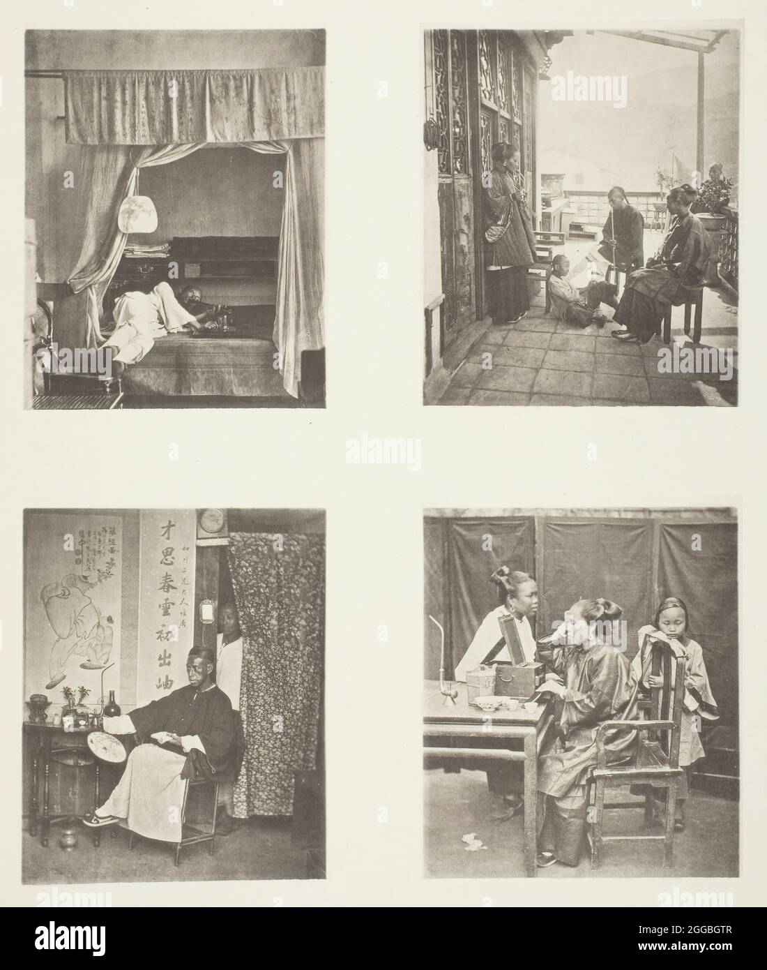 Ein Hauch der Opium Pipe zu Hause; nach dem Abendessen; Lesung für Ehrungen; die Toilette, c. 1868. Ein Werk aus Kollotyp, pl. x aus dem Album "Illustrationen von china und seinen Menschen, Band i" (1873). Stockfoto