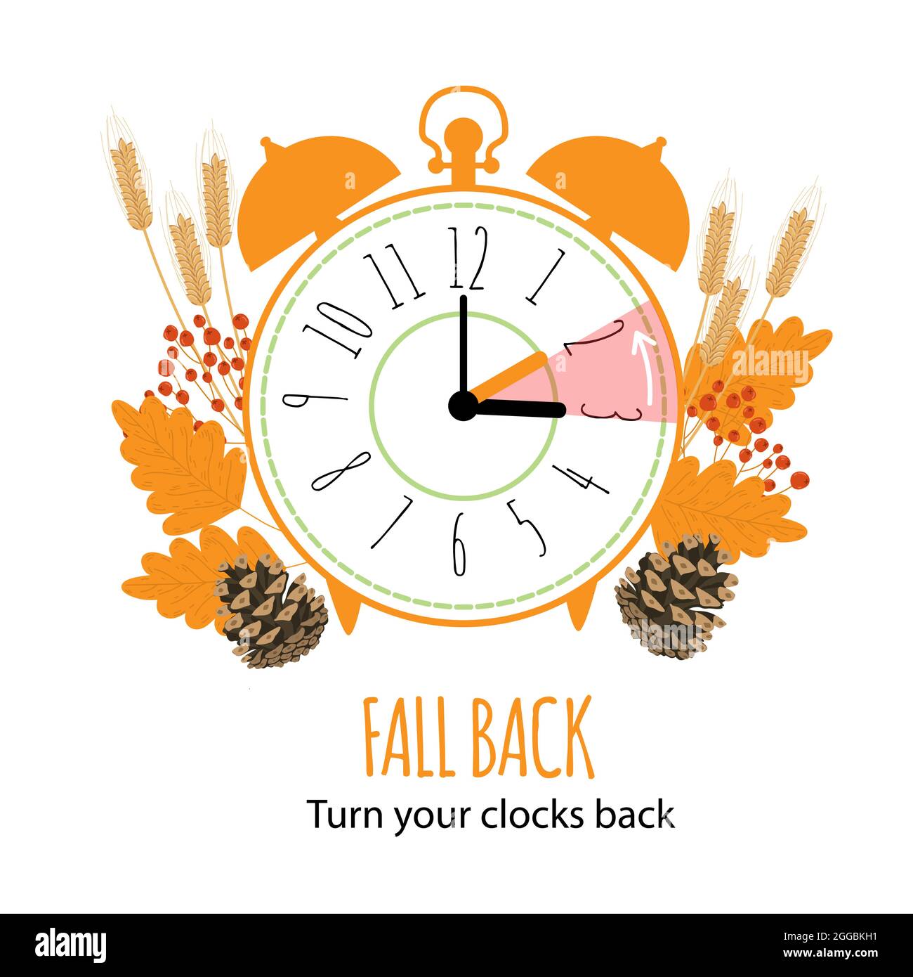Fallback-Konzept mit grafischem Alarm und Zeitplan zur Einstellung der Uhr um eine Stunde. Das Ende der Sommerzeit. Vektor-Illustration mit Herbst lea Stock Vektor