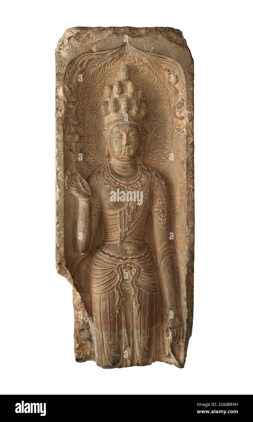 Fragment von Guanyin der Elf-Köpfe, Tang-Dynastie, 703. Stockfoto