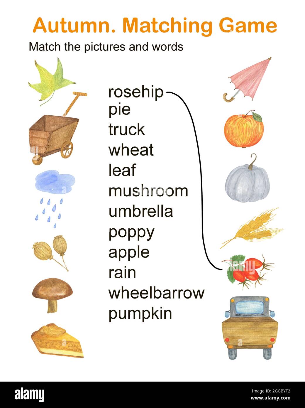 Herbst Elemente und Wörter passenden Spiel, Kinder Aktivitäten druckbare Arbeitsblatt, pädagogische Puzzle Aquarell Illustration Stockfoto