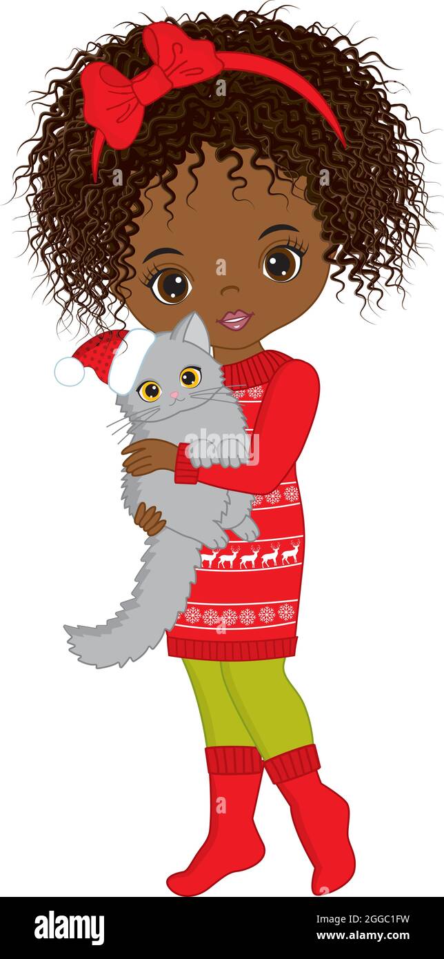 Schön Jung Afrikanisch Amerikanisch Mädchen Holding Kat. Vektor Weihnachten Mädchen mit Katze Stock Vektor