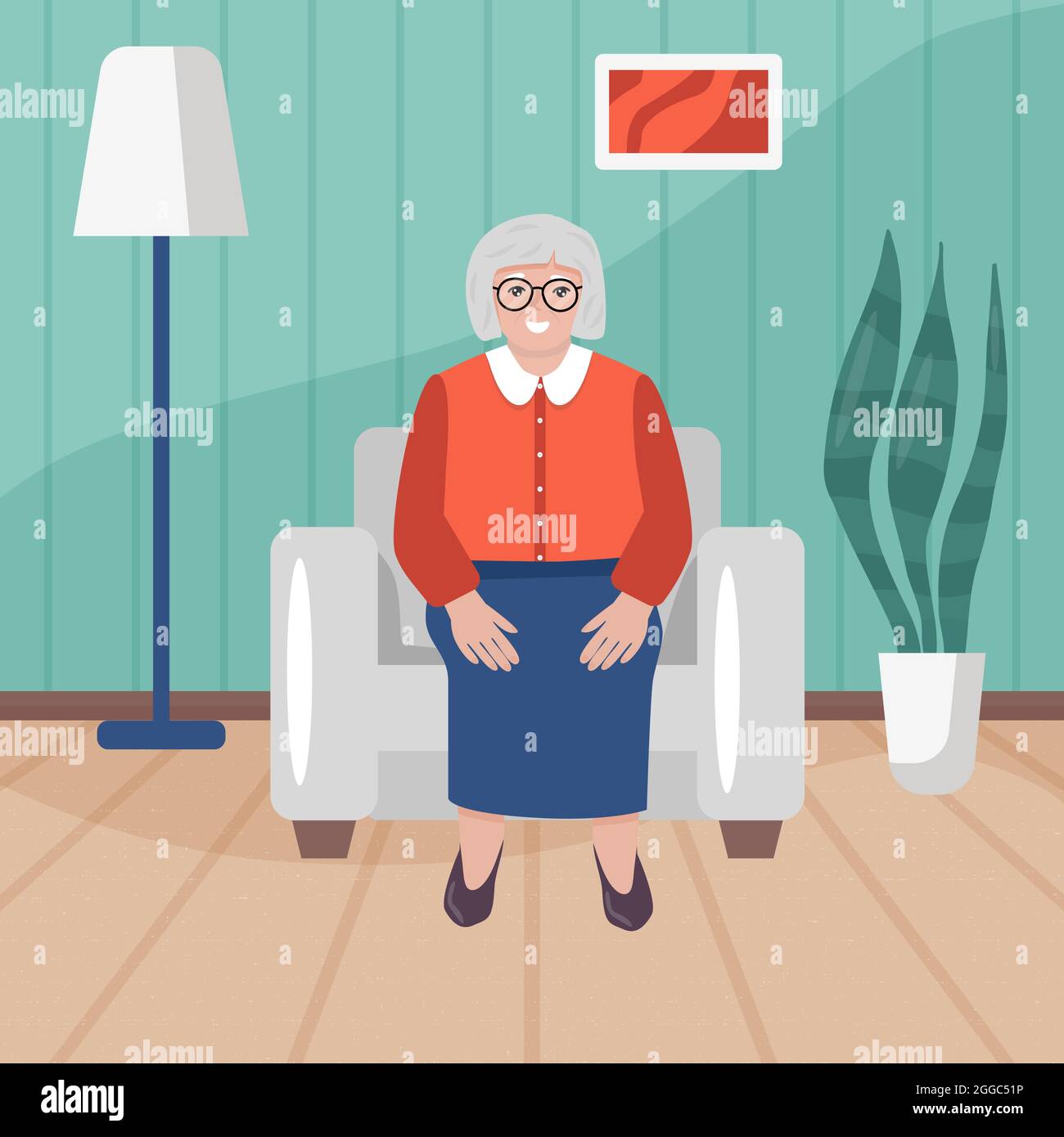 Glückliche Oma, die in ihrem Haus im Sessel sitzt. Seniora Frau im Cartoon-Stil im Wohnzimmer. Flache Vektorgrafik Stock Vektor