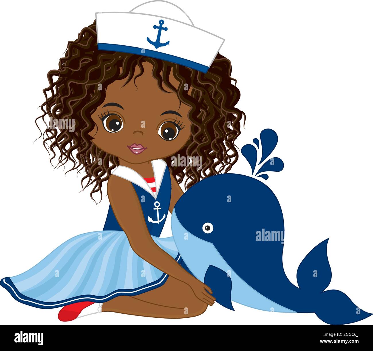 Nette Schöne Afrikanisch Amerikanische Mädchen Trägt Nautische Kleid Holding Baby Wal. Vector Nautical Girl Stock Vektor