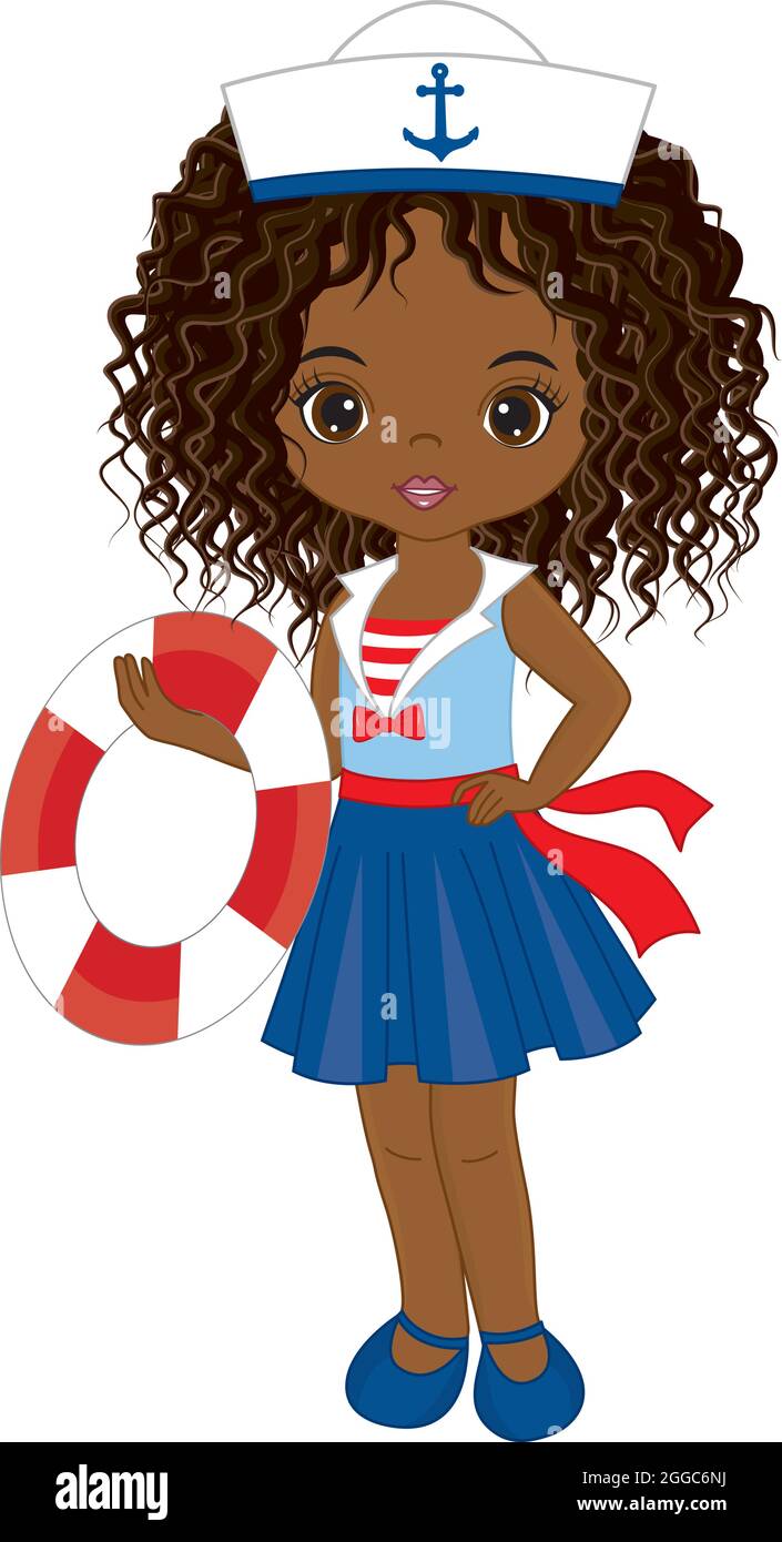 Nette Schöne Afrikanisch Amerikanische Mädchen Trägt Nautik Kleid Halten Lifebuoy. Vector Nautical Girl Stock Vektor
