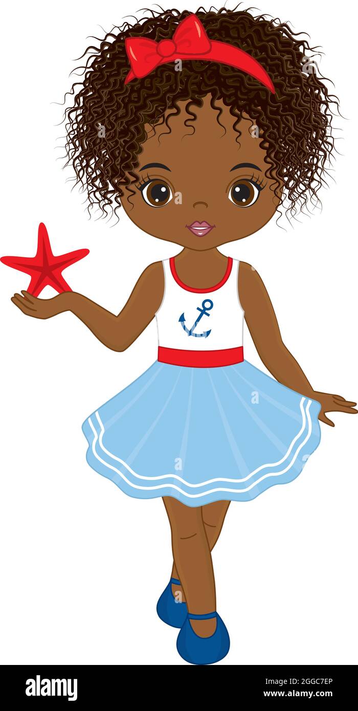 Nette Schöne Afrikanisch Amerikanische Mädchen Trägt Seekleid Holding Seestern. Vector Nautical Girl Stock Vektor