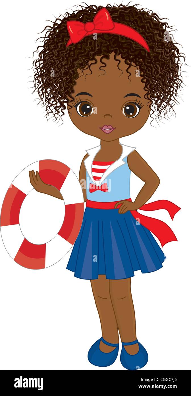 Nette Schöne Afrikanisch Amerikanische Mädchen Trägt Nautik Kleid Halten Lifebuoy. Vector Nautical Girl Stock Vektor