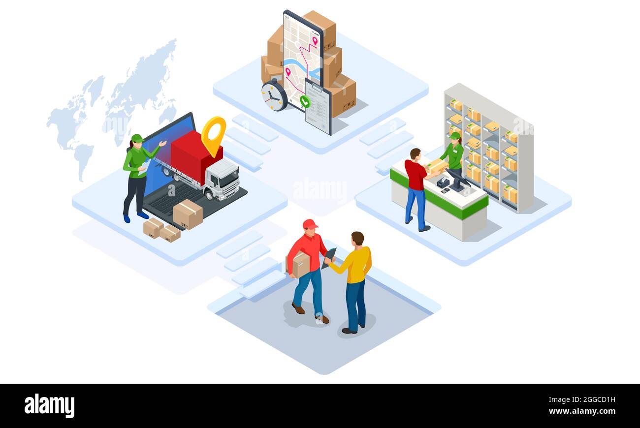 Globales Logistiknetzwerk – isometrische Darstellung. Isometrisches Logistik- und Lieferkonzept. Lieferung nach Hause und ins Büro. City-Logistik. Lager, LKW Stock Vektor