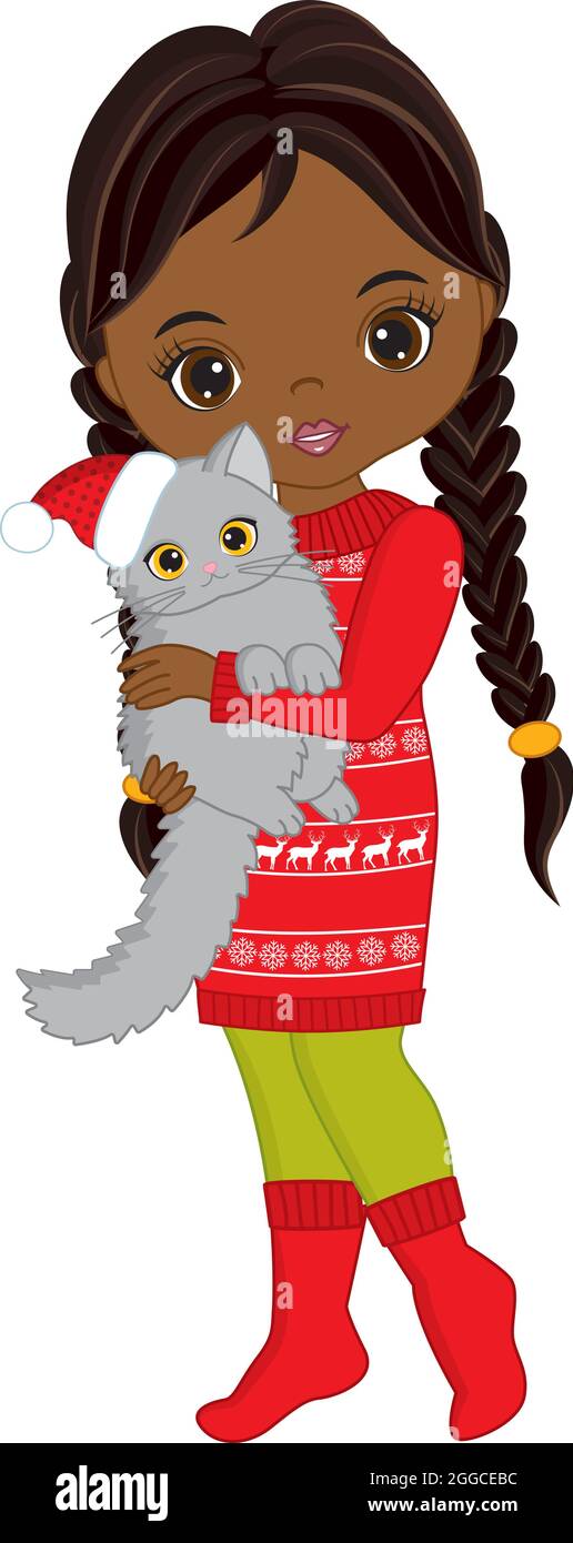Schön Jung Afrikanisch Amerikanisch Mädchen Holding Kat. Vektor Weihnachten Mädchen mit Katze Stock Vektor