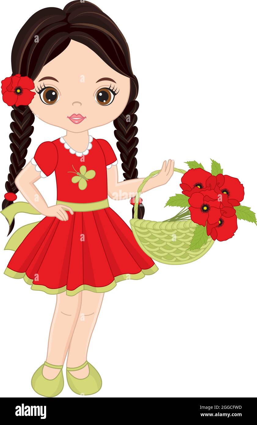 Schöne süße Mädchen halten Korb von roten Mohnblumen. Vector Mädchen mit Mohnblumen Stock Vektor