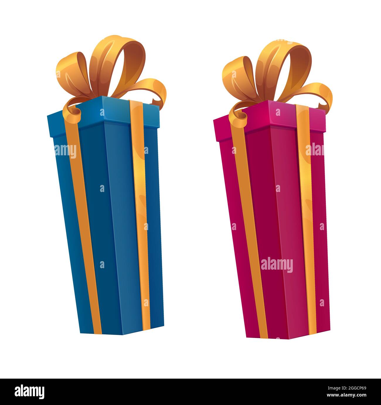 Große Geschenkschachteln für den Urlaub, Cartoon-Vektor-Geschenke mit goldenen Bändern und Schleifen. Blaue und rosa Überraschungspakete oder festliche Packungen mit Weihnachten, Geburtstag, Stock Vektor