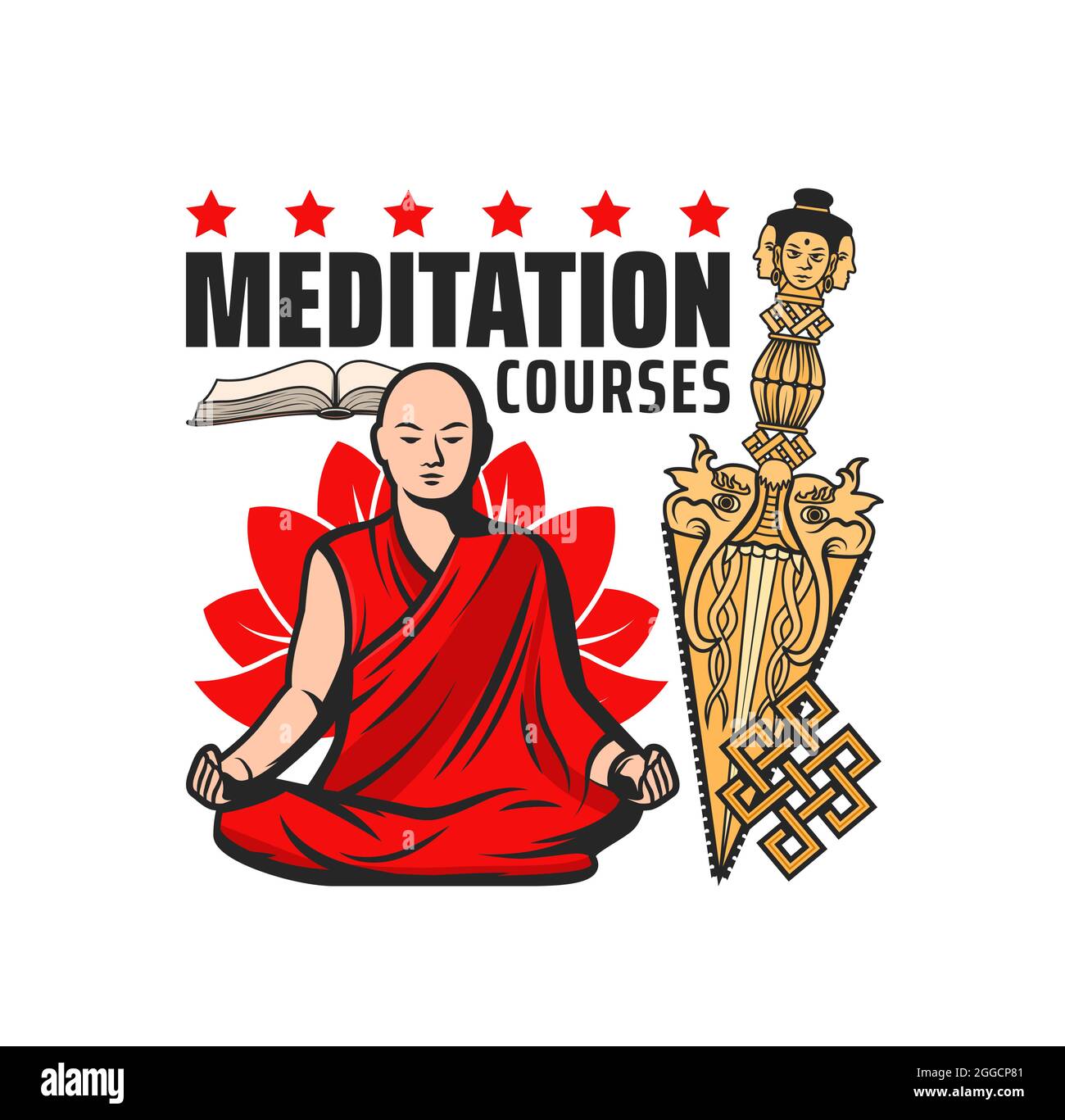 Buddhismus Meditationskurse Vektor-Symbol mit isolierten buddhistischen Religion Symbole. Mönch meditiert in Lotusposition mit endlosem oder ewigem Knoten, Gold Stock Vektor