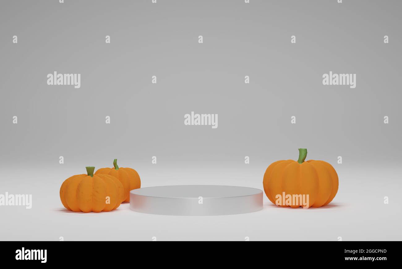 3D Rendering. Kürbis mit Zylinder Podium auf weißem Hintergrund. Abstrakte minimale Szene für Halloween Hintergrund Stockfoto