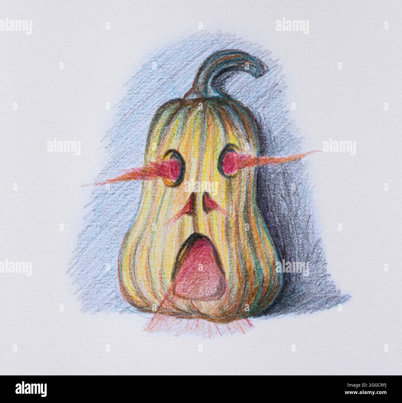 Handgezeichnetes Kürbis halloween auf weißem Papier Hintergrund. Bild Zeichnung von farbigem Bleistift. Stockfoto
