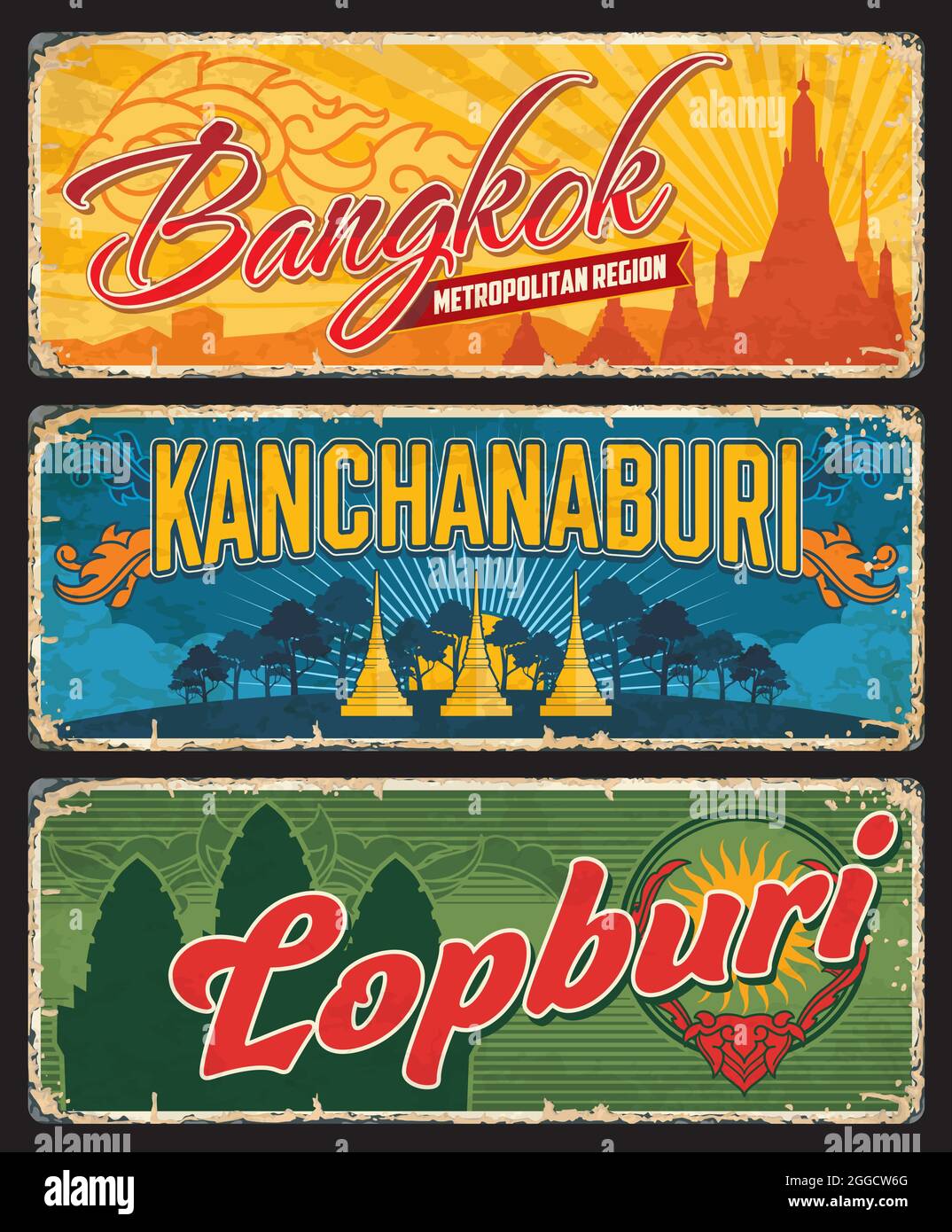 Bangkok, Kanchanaburi und Lopburi, Thailand Provinzen Schilder, Vintage-Platten oder Zinn Metall, Vektor. Straßeneingangsschilder der thailändischen Provinzen mit Emblemen oder Symbolen Stock Vektor