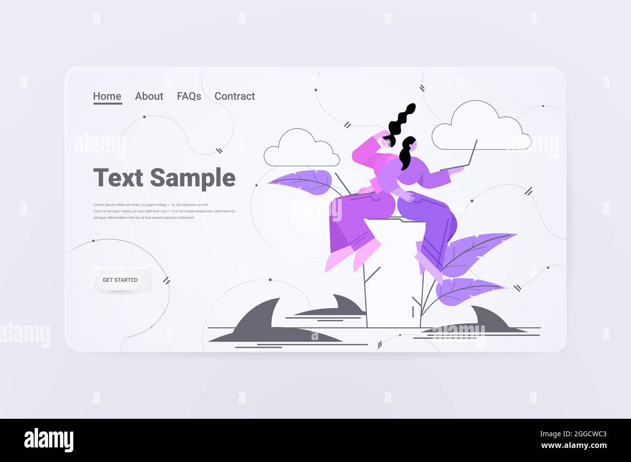 Geschäftsleute arbeiten zusammen mit Frauen, die Probleme auf der Insel mit Haien im Wasserrisikokonzept lösen Stock Vektor