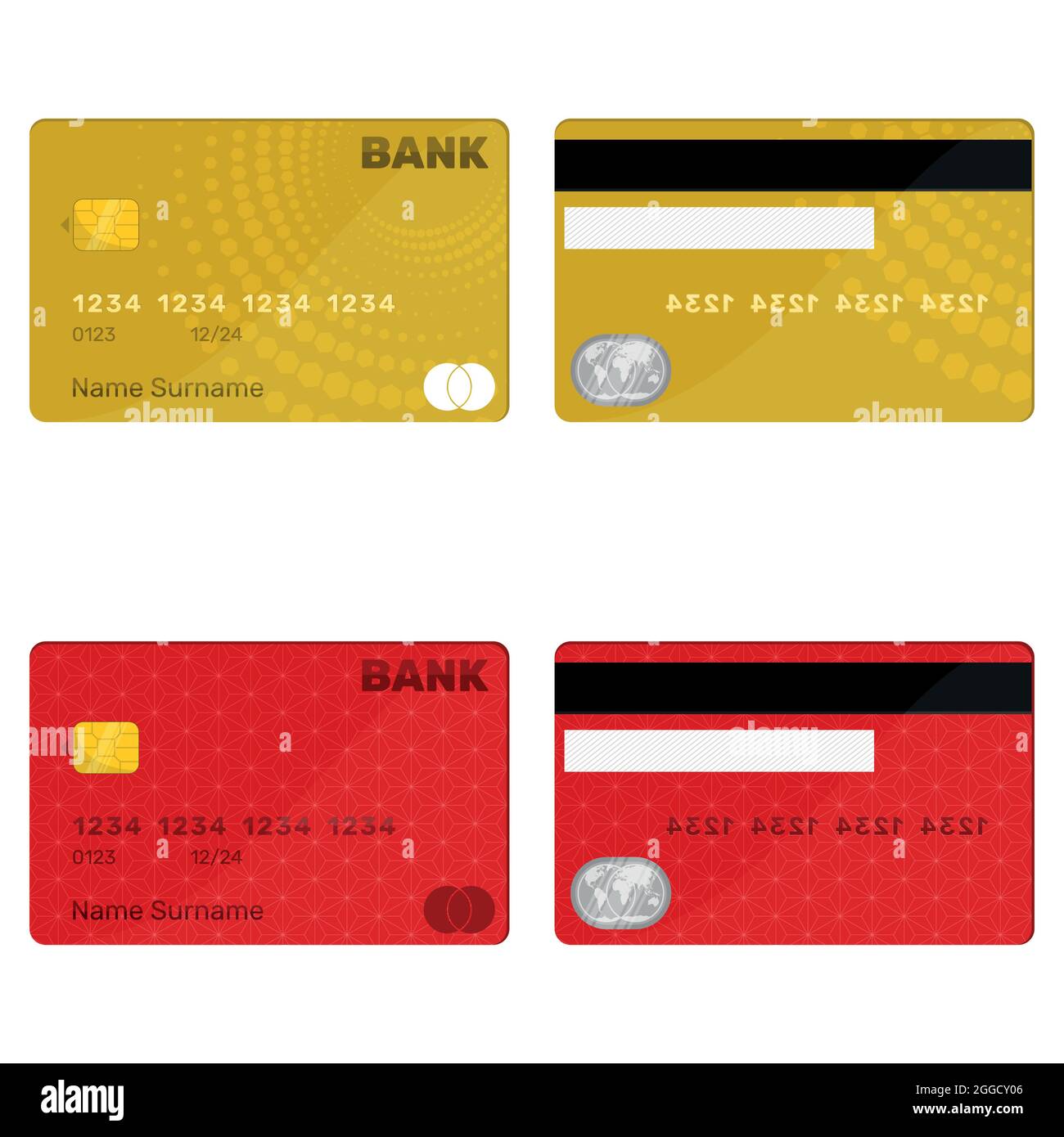 Vektor-Design von Bankkreditkarte, Vorder- und Rückseite Kreditkarte, Pastico Kreditkarte mit Mikrochip Stock Vektor